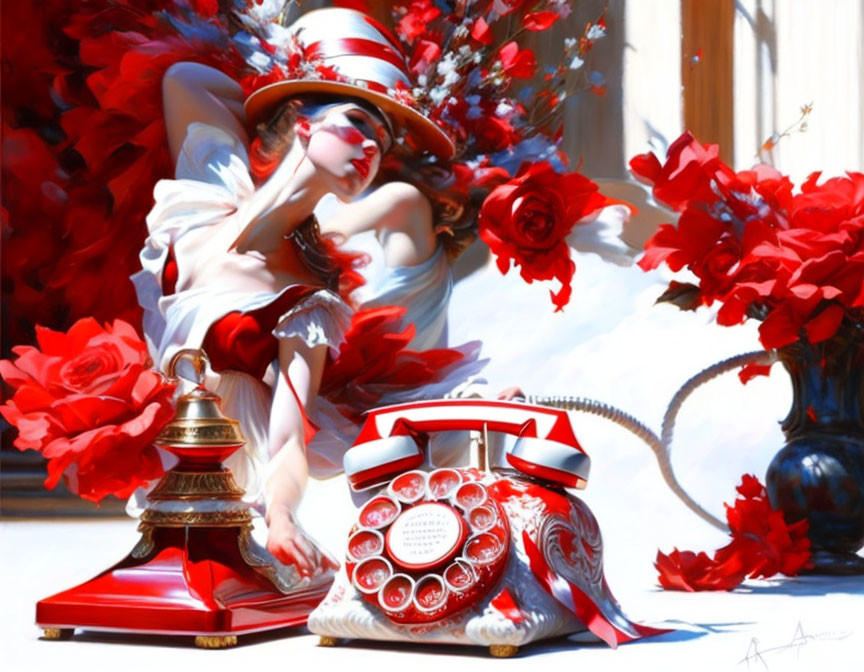 Woman with red flowers, hat, sunglasses, by rotary phone