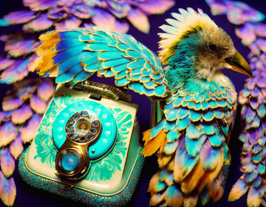 Colorful Bird Sculpture on Vintage Rotary Phone with Floral Patterns