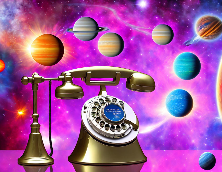 Vintage Rotary Telephone Against Colorful Cosmic Background with Planets and Stars