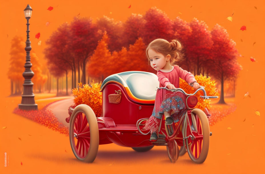 Young girl drives red pedal car among autumn trees and vintage lamp post with falling leaves.