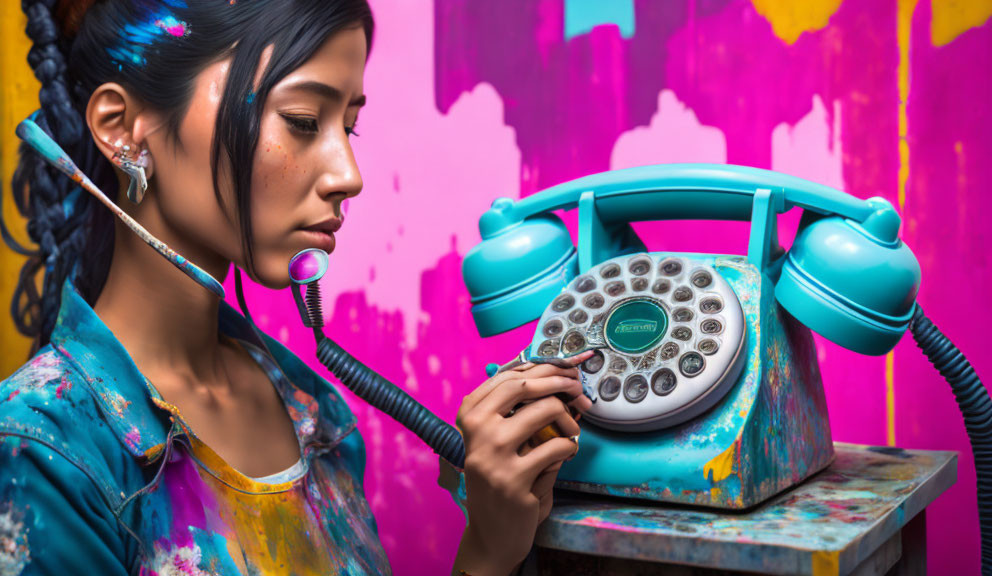 Young woman with paint smears holding vintage phone on colorful background