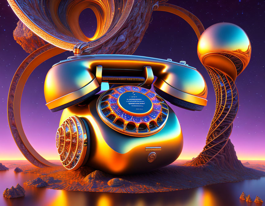 Surreal digital artwork: Vintage rotary phone on alien landscape.