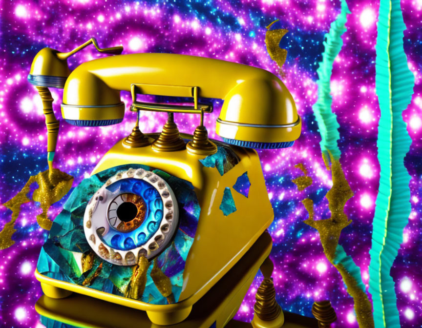 Colorful Retro Rotary Phone with Glittery Background and Swirls