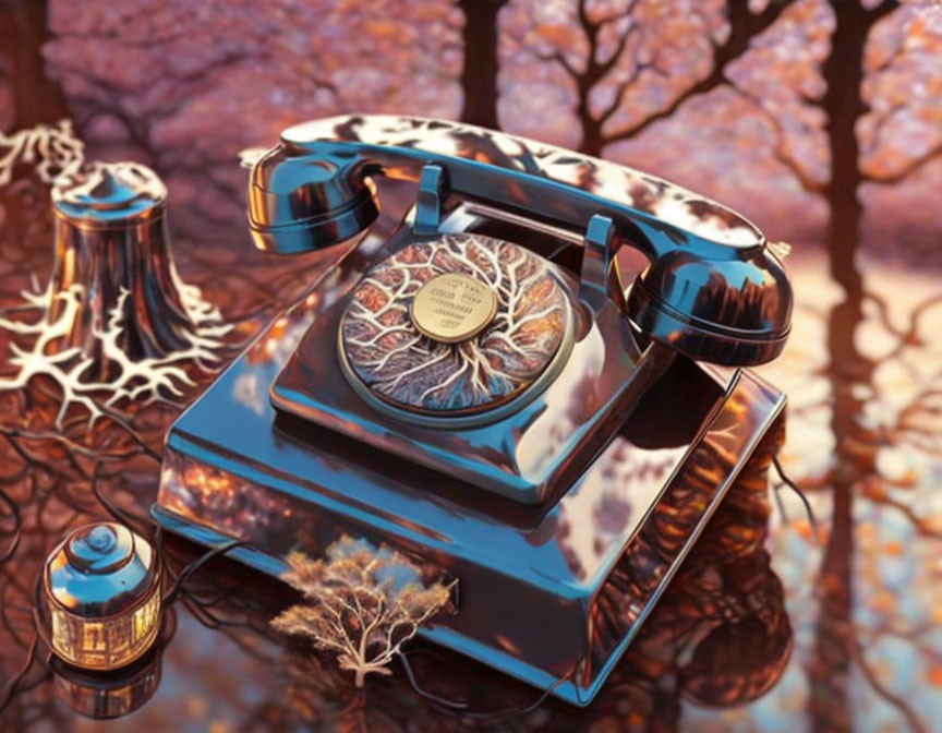 Vintage Rotary Phone with Ornate Tree Design on Reflective Surface