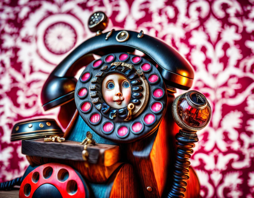 Whimsical rotary phone with doll face dial, gemstone buttons, and patterned background