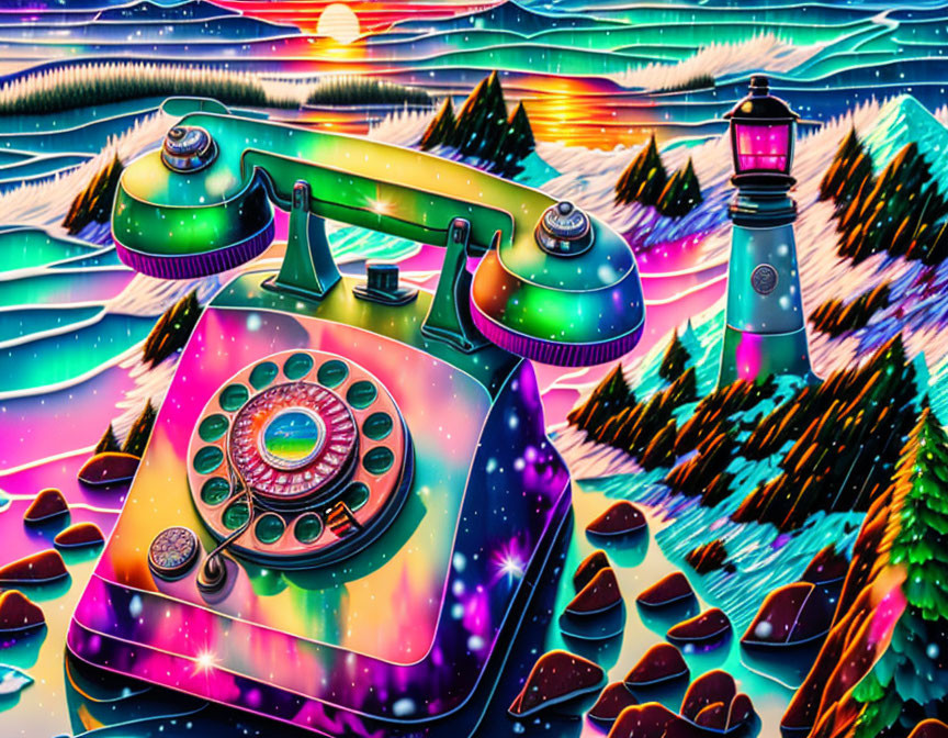 Vibrant psychedelic rotary phone illustration with cosmic theme