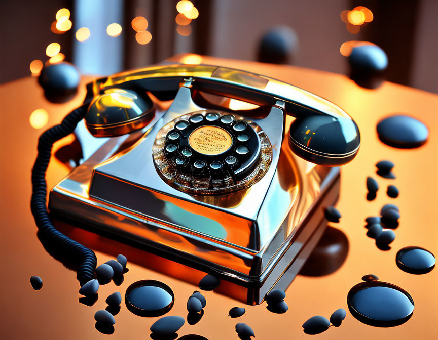 Chrome Finish Vintage Rotary Phone with Reflective Beads on Glossy Backdrop