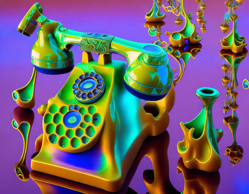 Vibrant surreal illustration: melted vintage telephone & floating receivers