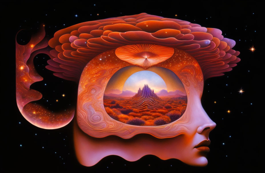 Surreal painting: face profile with landscape and cosmic elements