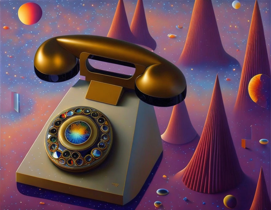 Surreal artwork of vintage dial telephone against colorful cone-shaped mountains