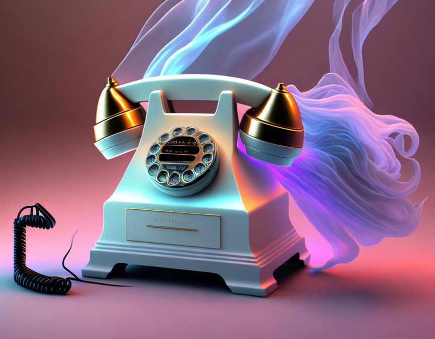 Vintage Rotary Phone with Gold Accents and Blue Smoke on Pink Background