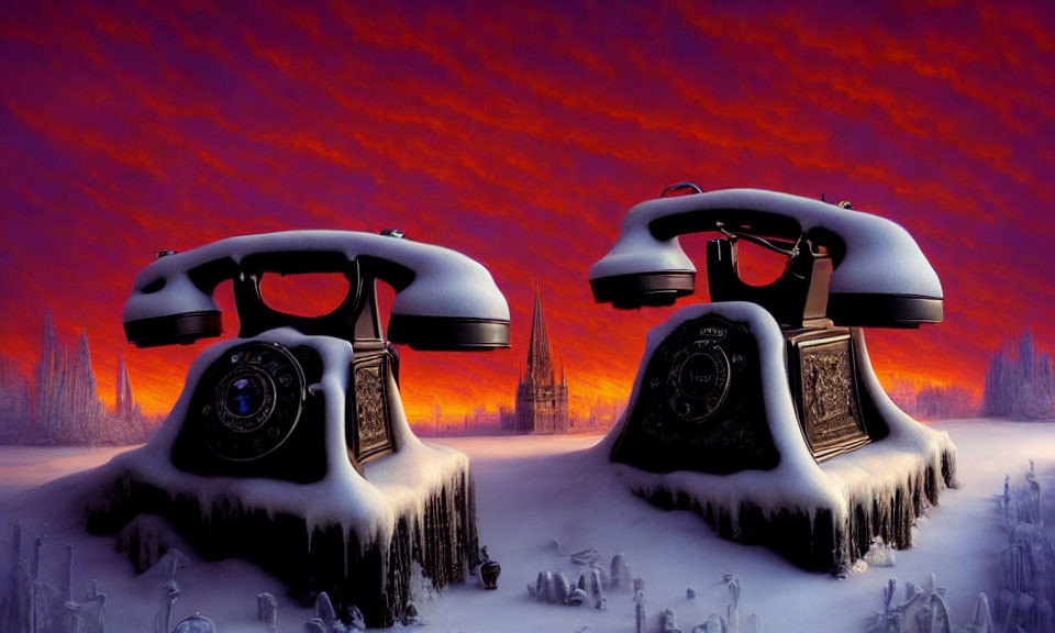 Vintage rotary telephones with eyes in surreal snowy landscape with red sky.