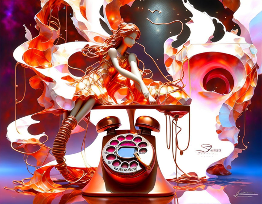 Surreal illustration of woman merged with old-fashioned telephone in fiery cosmic setting