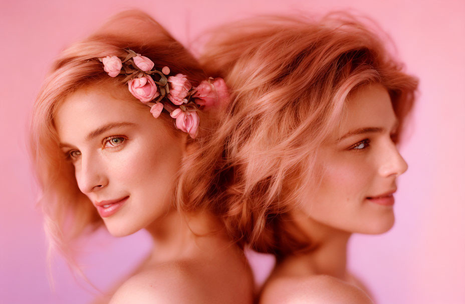 Two women with pink floral hair accessories and wavy hair on a pink background