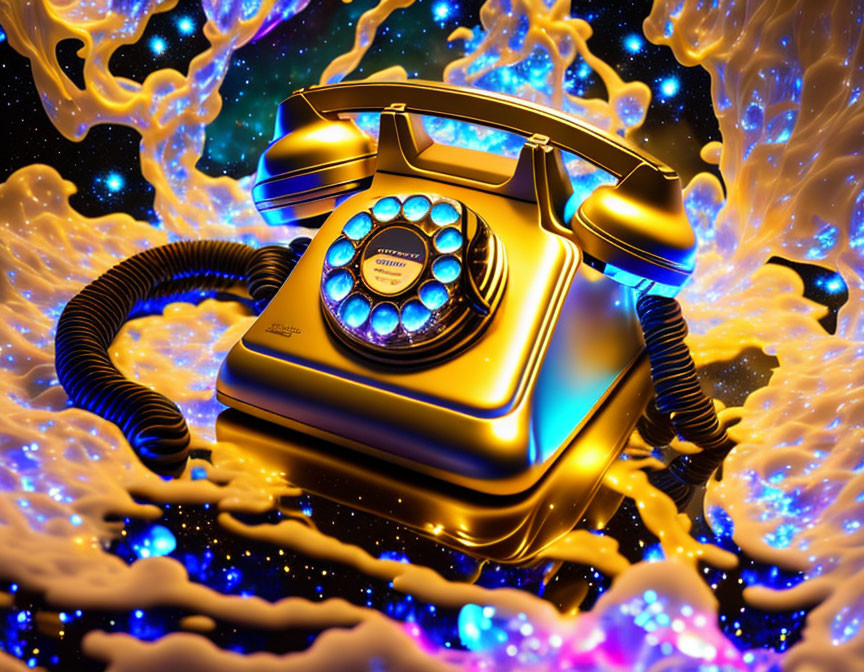 Vintage Golden Rotary Phone with Neon Abstract Backdrop