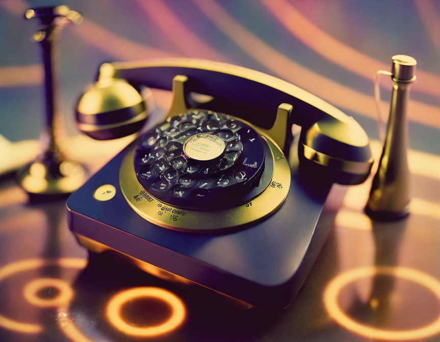 Vintage Rotary Telephone on Reflective Surface with Blurred Background