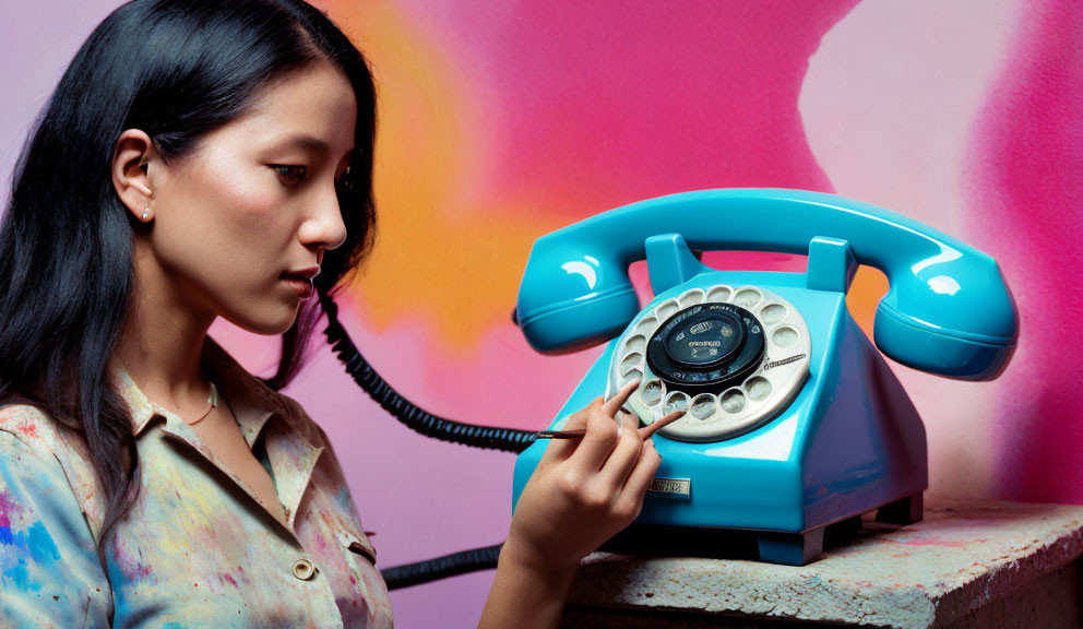 Woman dialing retro blue rotary phone on vibrant pink and yellow background
