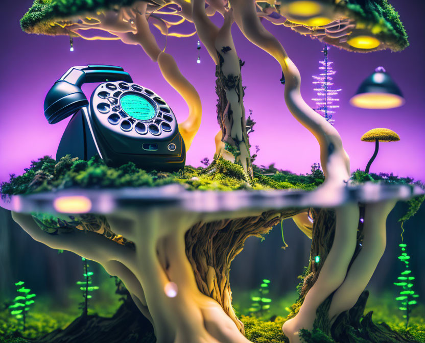 Vintage Rotary Phone on Fantasy Mushroom and Tree Structure with Glowing Elements and Colorful Background