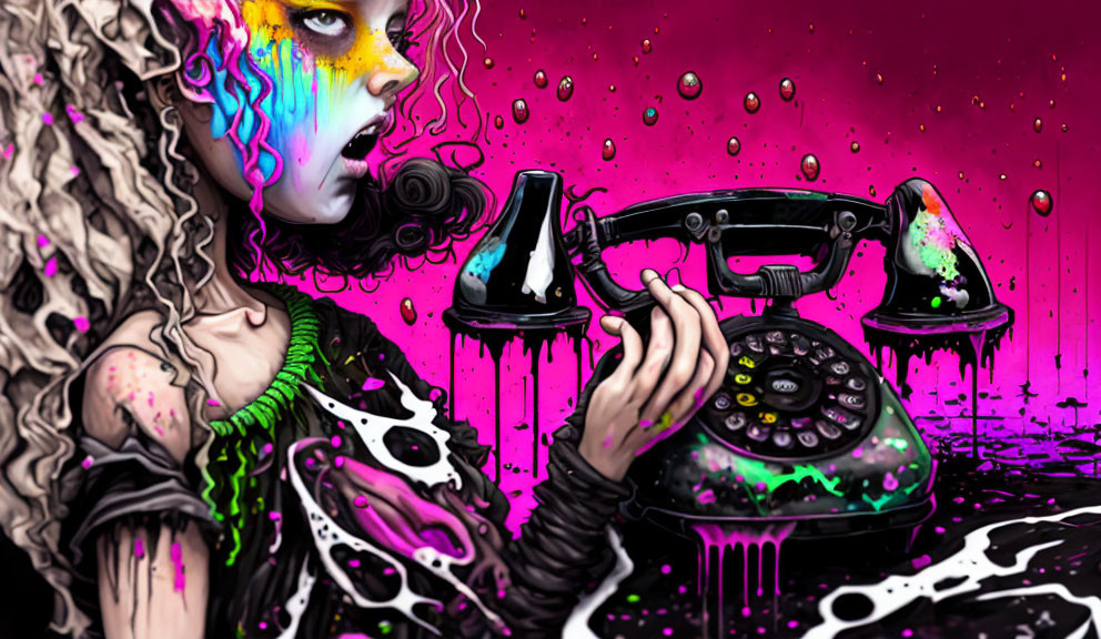 Colorful artwork: person with melting features holding rotary phone on magenta backdrop.