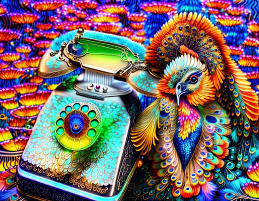 Colorful Psychedelic Peacock and Rotary Phone Illustration