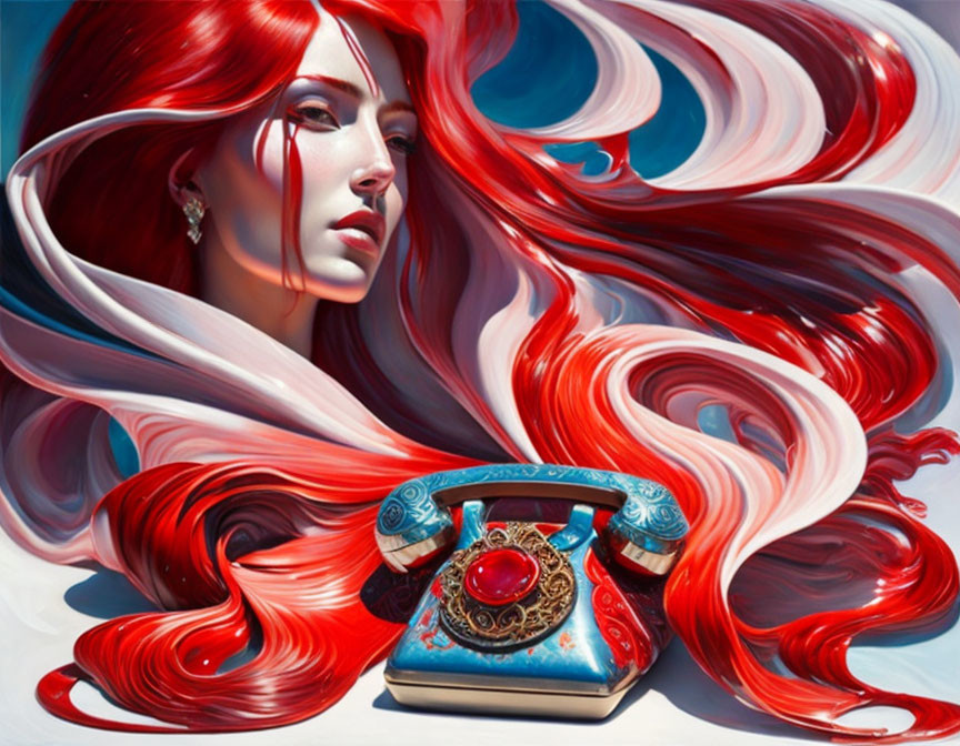 Vibrant artwork: Woman with red and white hair and classic telephone on blue background