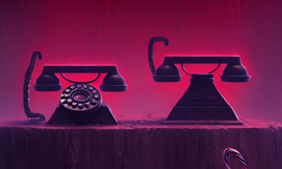 Vintage Rotary Dial Telephones Under Pink and Purple Light on Dusty Surface