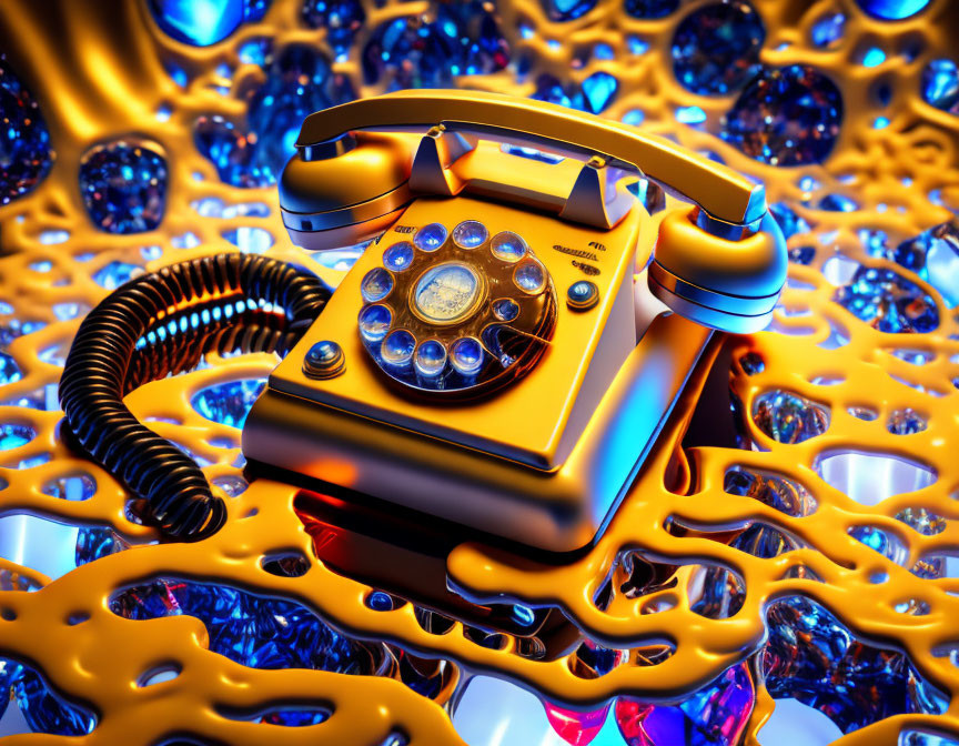 Vintage Yellow Rotary Phone on Reflective Surface with Gold and Blue Spheres