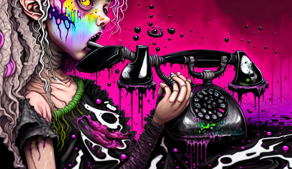 Illustration of zombie-like character on rotary phone in pink and black backdrop