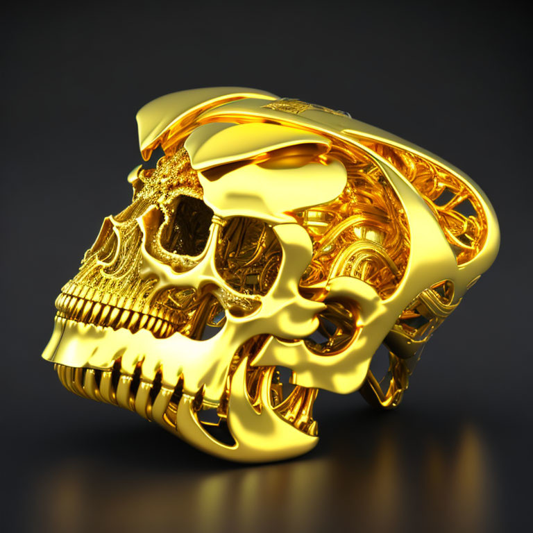 Golden skull with intricate designs and mechanical elements on dark background