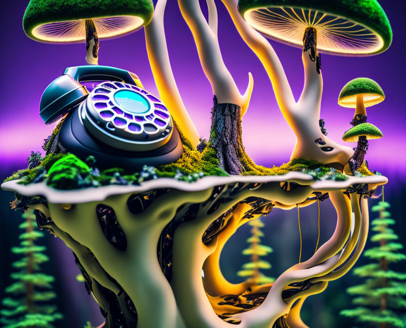 Whimsical landscape with bioluminescent mushrooms, vintage telephone, and tree structures on purple backdrop
