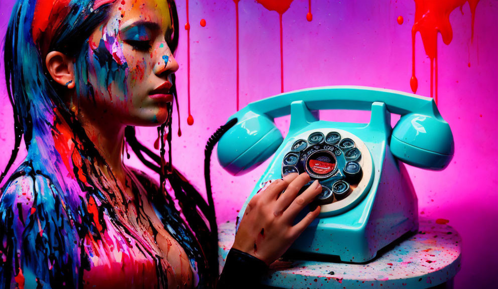 Colorful paint drips on person holding vintage telephone against vibrant background