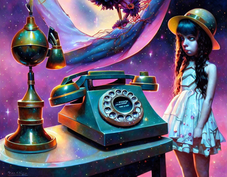 Nostalgic girl with dress and hat near rotary phone and lamp in cosmic setting