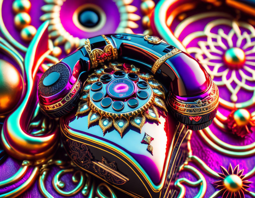 Colorful ornate rotary phone on psychedelic background