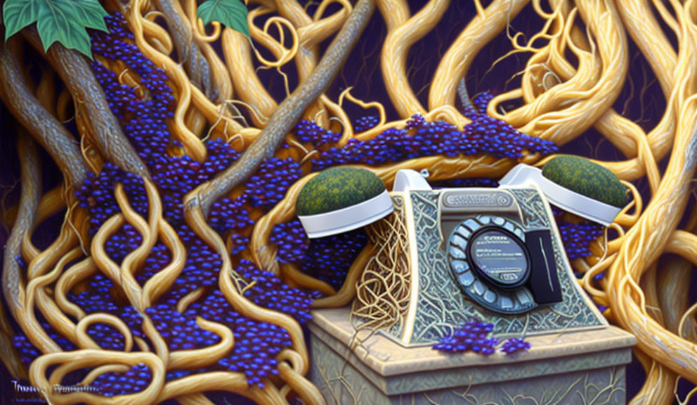 Vintage telephone surrounded by vines and berries on stone structure in tangled forest setting