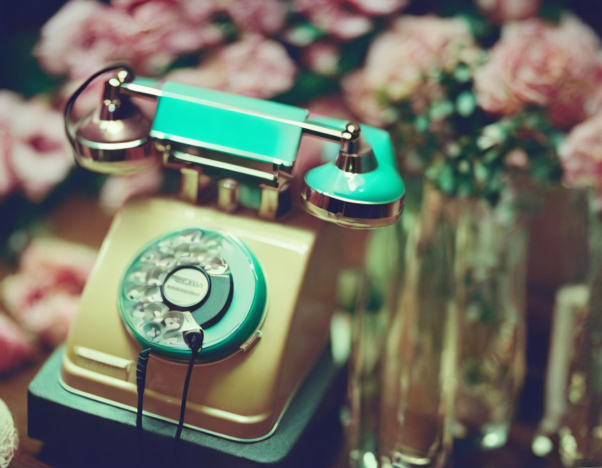 Vintage Rotary Dial Telephone on Floral Background with Pink Roses