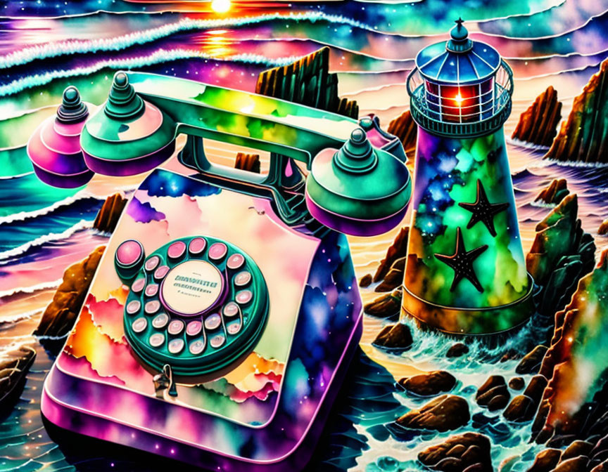 Colorful Psychedelic Artwork: Dial Telephone with Surreal Lighthouse, Skies, and