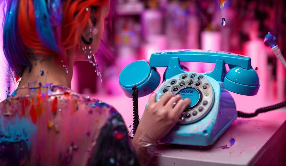 Vibrant multicolored hair person dialing retro blue telephone in vivid pink backdrop