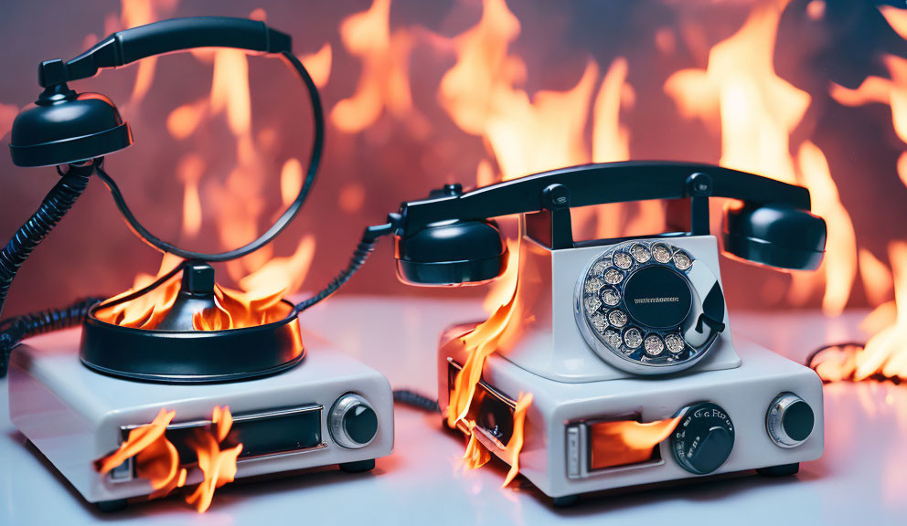 Vintage telephones engulfed in flames on a fiery desk.