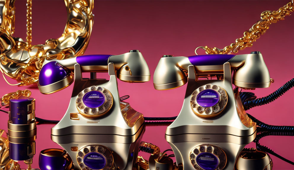 Vintage Rotary Telephones with Gold and Purple Accents on Luxurious Background