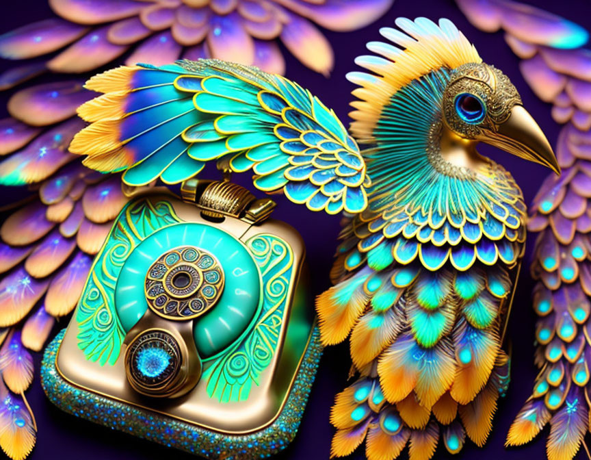 Colorful Peacock-Themed Telephone Illustration in Blue, Green, and Gold