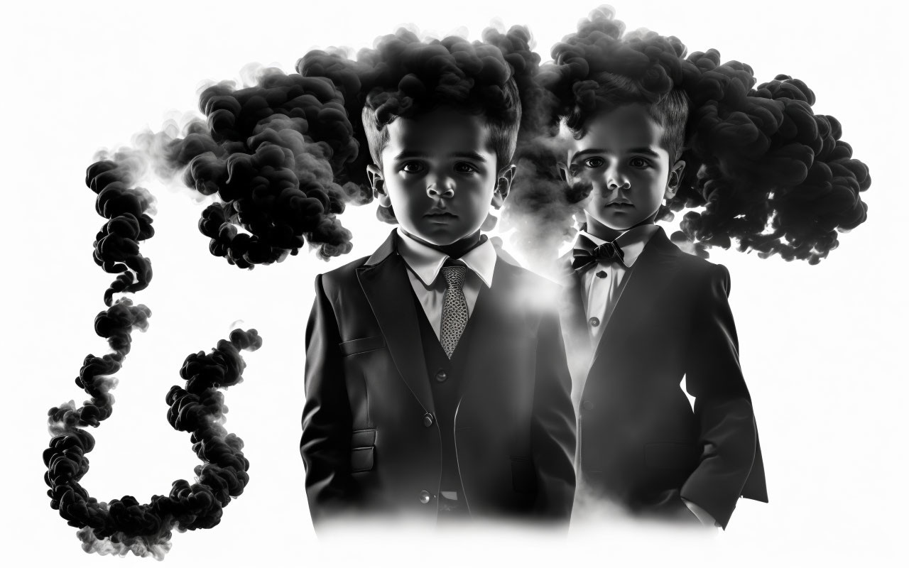 Children in suits with cloud-like hair on white background