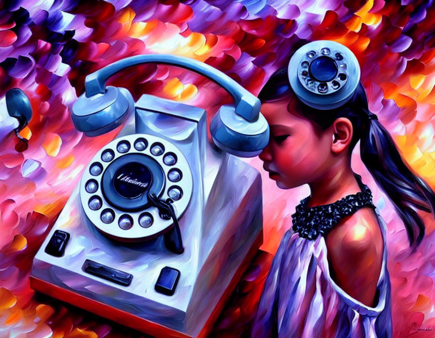 Vibrant artwork of young girl with floating telephone