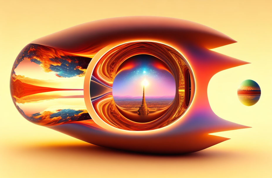 Surreal abstract art: fiery landscape, central tower, planet, orange backdrop