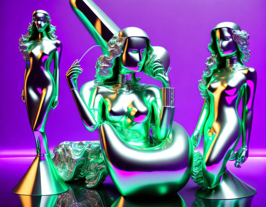 Iridescent Metallic Humanoid Figures on Purple Background
