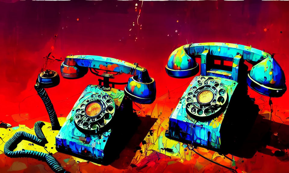 Pair of retro blue rotary dial telephones on red background with splattered paint