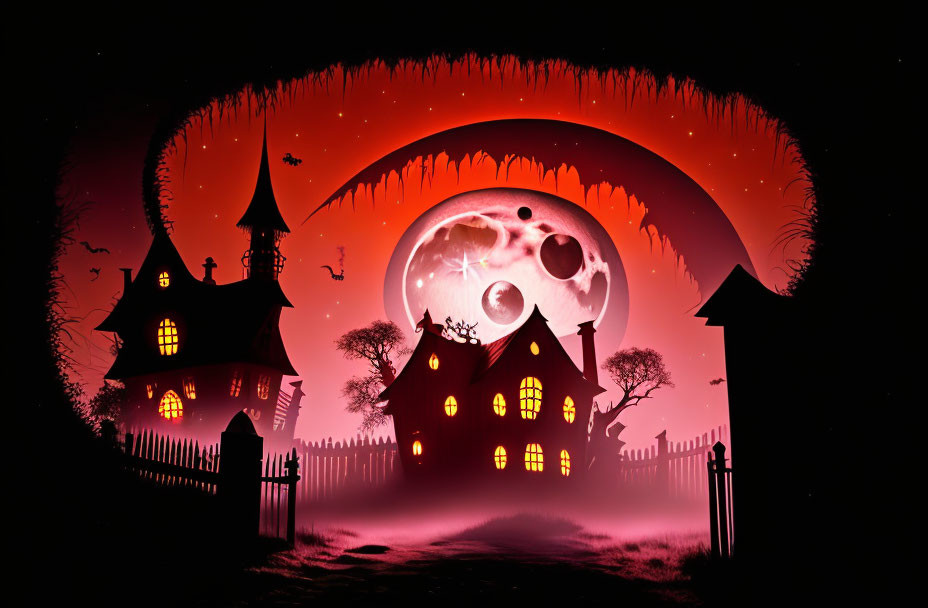 Silhouetted haunted houses, full moon, bats, and creepy forest in orange and black hues