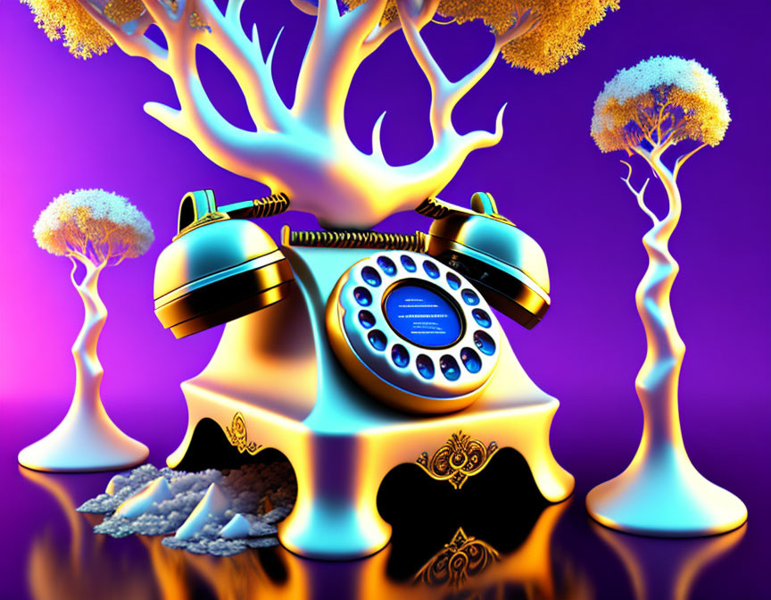 Surreal golden telephone with tree-like growths on purple backdrop