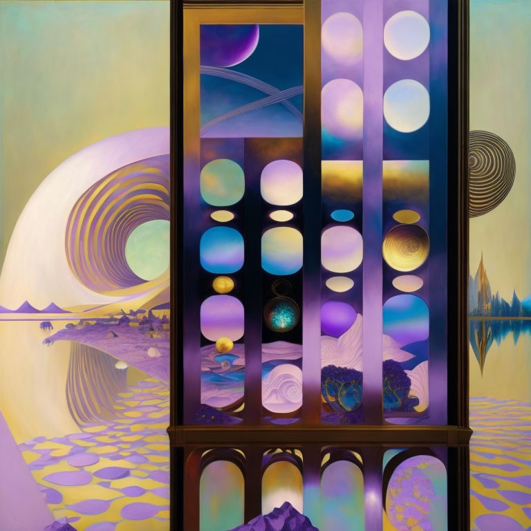 Abstract painting with spherical shapes and surreal landscape.