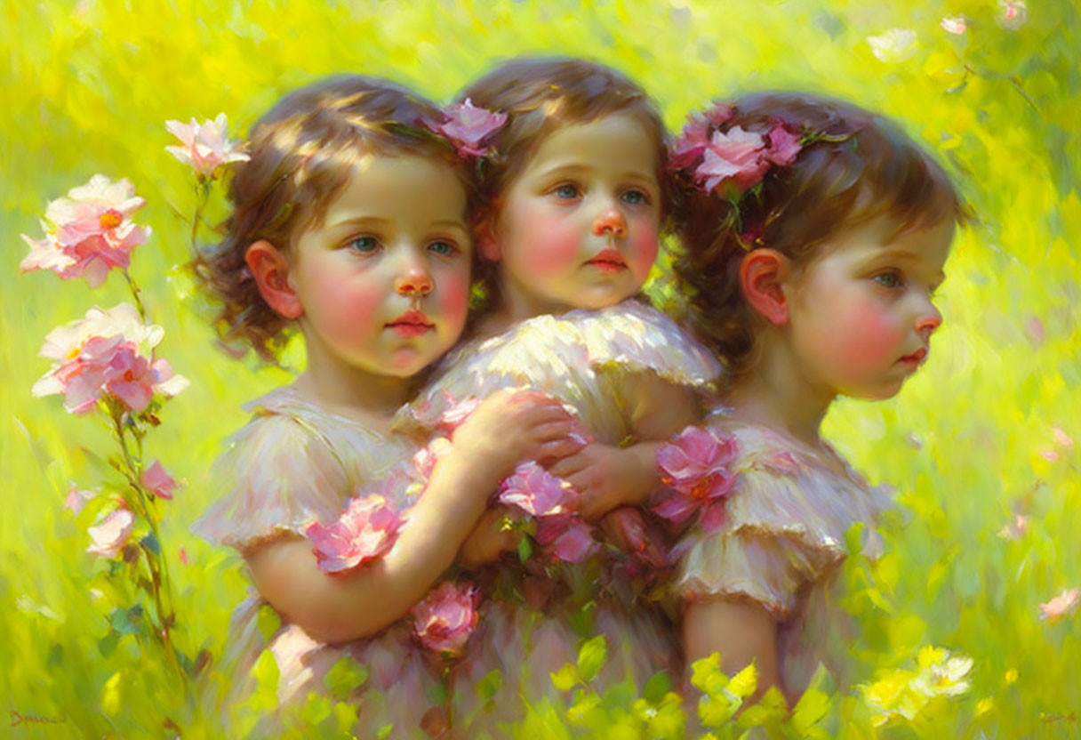 Three young girls in white dresses with pink flowers in a sunny field