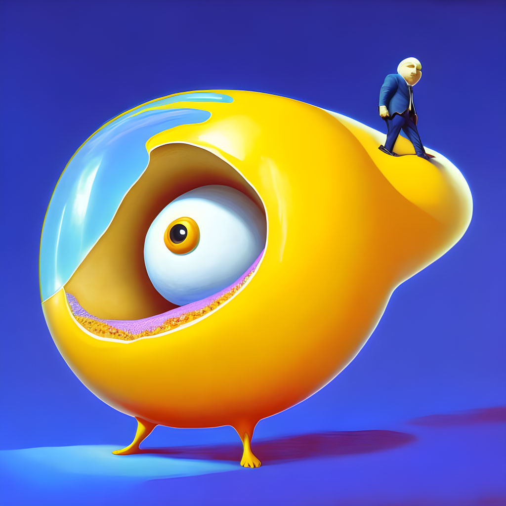 Miniature man on whimsical creature with single eye and yellow body against blue background